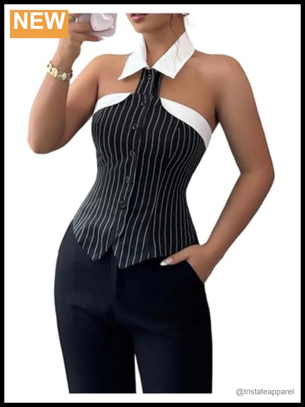 Sleeveless Halter Top with Contrast Collar Striped Print Open Back